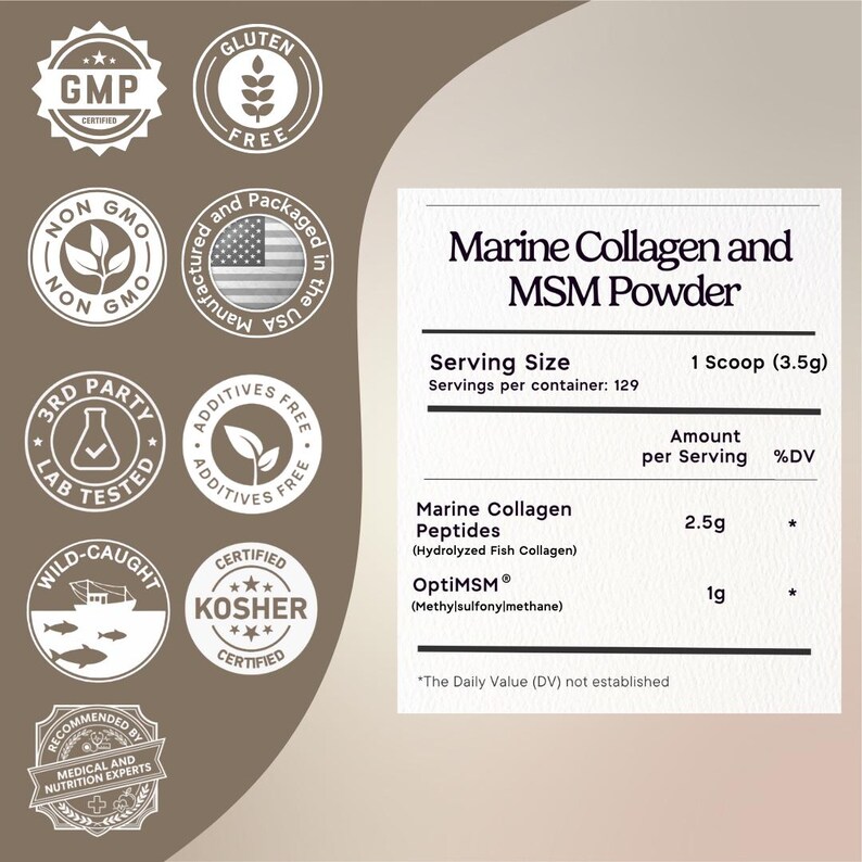 Może przedstawiać: Etykieta produktu dla Marine Collagen i MSM Powder. Etykieta zawiera informacje o wielkości porcji, składnikach i certyfikatach, takich jak GMP, bezglutenowy i koszerny. Produkt jest pakowany w USA.