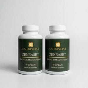 Peut inclure: Deux flacons de compl&eacute;ments alimentaires blancs avec des &eacute;tiquettes vertes. Les &eacute;tiquettes indiquent "ZEN PRINCIPLE ZENEASE Holistic REM Sleep Support" et "90 CAPSULES Dietary Supplement". Les flacons ont des bouchons blancs.