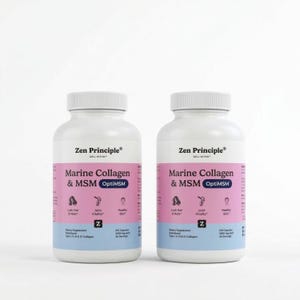 May include: Two white supplement bottles with pink labels. The labels read "Zen Principle Marine Collagen & MSM OptiMSM". The bottles contain 210 capsules, 2000 mg each, and 30 servings. The labels also mention "Lash Hair & Nails", "Joint Vitality", and "Healthy Skin".