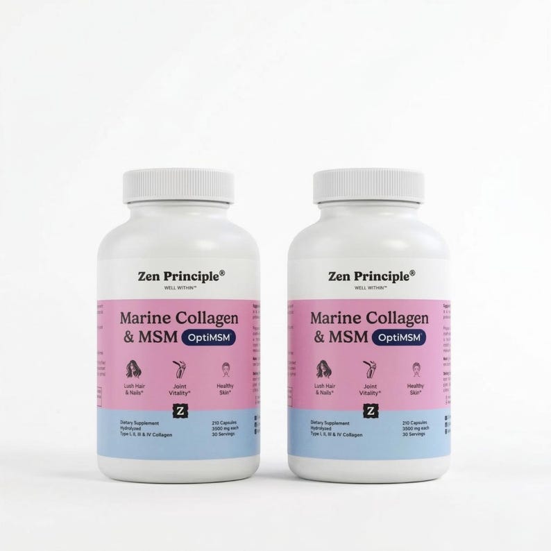 May include: Two white supplement bottles with pink labels. The labels read "Zen Principle Marine Collagen & MSM OptiMSM". The bottles contain 210 capsules, 2000 mg each, and 30 servings. The labels also mention "Lash Hair & Nails", "Joint Vitality", and "Healthy Skin".
