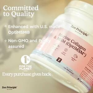 Może przedstawiać: Biała butelka Marine Collagen & MSM (OptiMSM) firmy Zen Principle z r&oacute;żową etykietą. Etykieta zawiera tekst o witalności staw&oacute;w i zdrowej sk&oacute;rze. Butelka zawiera 454 gramy.