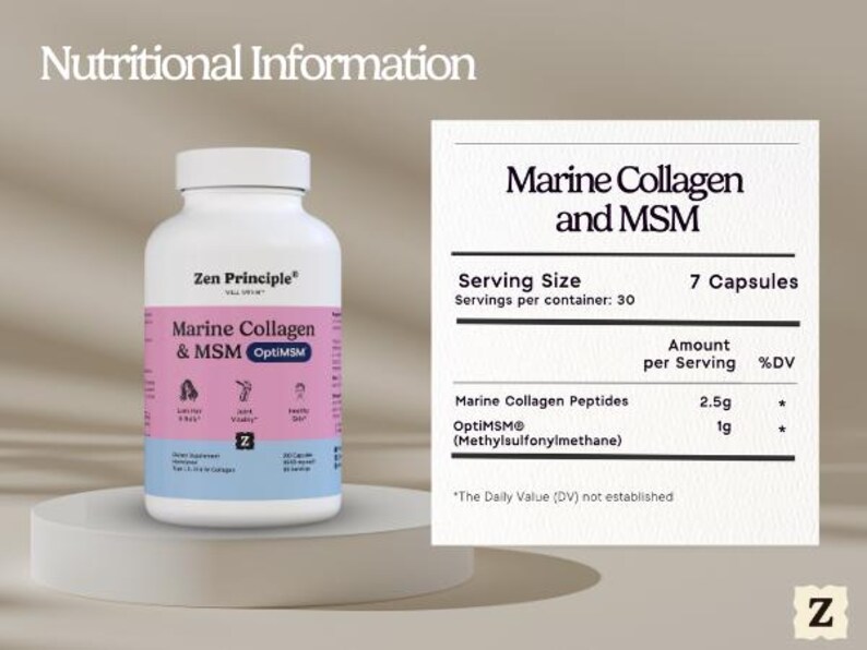 May include: A white bottle of Zen Principle Marine Collagen & MSM OptiMSM supplements, with a pink and blue label. The label includes icons and text. A nutritional information card lists serving size as 7 capsules.