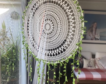 Large Handmade Crochet Mandala/Dreamcatcher with trailing crochet vine leaves