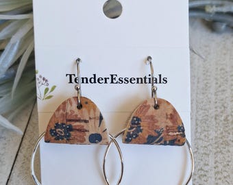 Boho earrings, Cork earrings, Round earrings, Bohemian dangle earrings, Genuine leather earrings, Gift for her