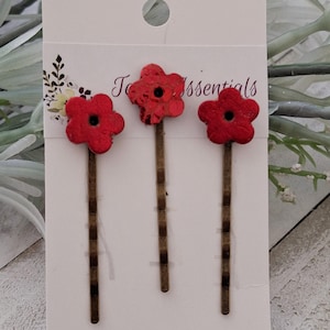 Christmas/Holiday bobby pins, Festive bobby pins, Red leather bobby pins, Flower bobby pins, Gift under 20