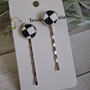 Bobby Pin Set,  Checkered Leather Bobby Pins, Decorative Bobby Pins, Hair Accessories for Women, Silver Bobby Pins