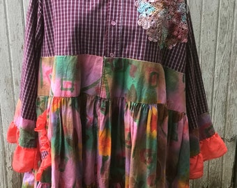 Boho Shabby Chic Colorful Top, Upcycled Tunic, OOAK,