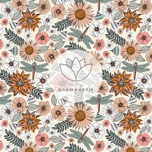Dragonflies Pattern, Dragonfly, Nature Design, Boho Flowers & Dragonflies | Ai, Spring, Floral, Bohemian, Seamless Pattern, Repeating Design
