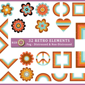 1970s Retro Graphics: Distressed PNG Clipart (Digital Download)