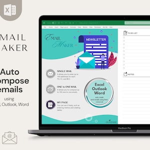 May include: A laptop computer screen displaying a spreadsheet program with a green and blue background. The program is called "Email Maker" and has features for creating single emails, one-to-one emails, and newsletters. The spreadsheet program is compatible with Excel, Outlook, and Word.