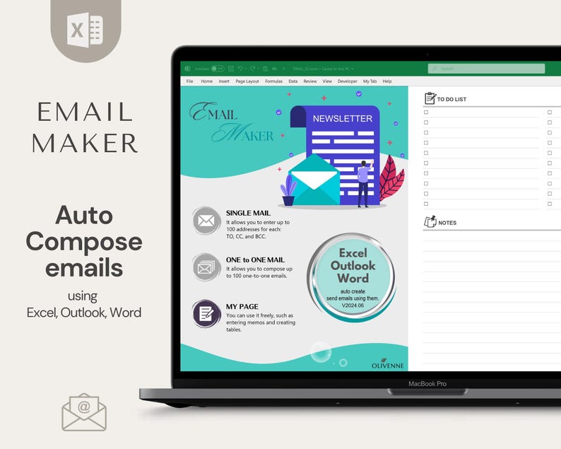 May include: A laptop computer screen displaying a spreadsheet program with a green and blue background. The program is called "Email Maker" and has features for creating single emails, one-to-one emails, and newsletters. The spreadsheet program is compatible with Excel, Outlook, and Word.