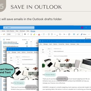 May include: A screenshot of an email draft in Microsoft Outlook. The email is a thank you note to a customer for purchasing a budgeting tool called "KAKEIBO". The email includes the customer's name, a brief description of the product, and a call to action to learn more about the product.