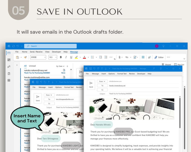 May include: A screenshot of an email draft in Microsoft Outlook. The email is a thank you note to a customer for purchasing a budgeting tool called "KAKEIBO". The email includes the customer's name, a brief description of the product, and a call to action to learn more about the product.