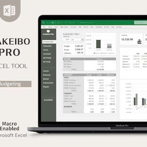 May include: A screenshot of a laptop displaying a spreadsheet program with the title "Kakeibo Pro" and a green and white color scheme. The spreadsheet is a budgeting tool with categories for income, expenses, and fixed and variable costs. The spreadsheet also includes a chart showing income and expenses over time.