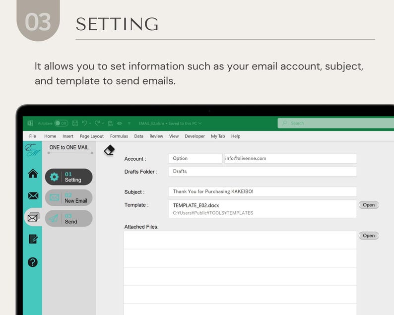 May include: A screenshot of a computer screen showing a spreadsheet program with a tab labeled "ONE to ONE MAIL". The tab has options for setting, creating a new email, and sending an email. The settings tab allows you to set information such as your email account, subject, and template to send emails.