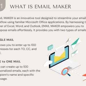 May include: A laptop computer with a yellow envelope and a magnifying glass. The text "WHAT IS EMAIL MAKER" is at the top of the image. The text "SINGLE MAIL" and "ONE to ONE MAIL" are below the image. The text describes how to send emails using the software.