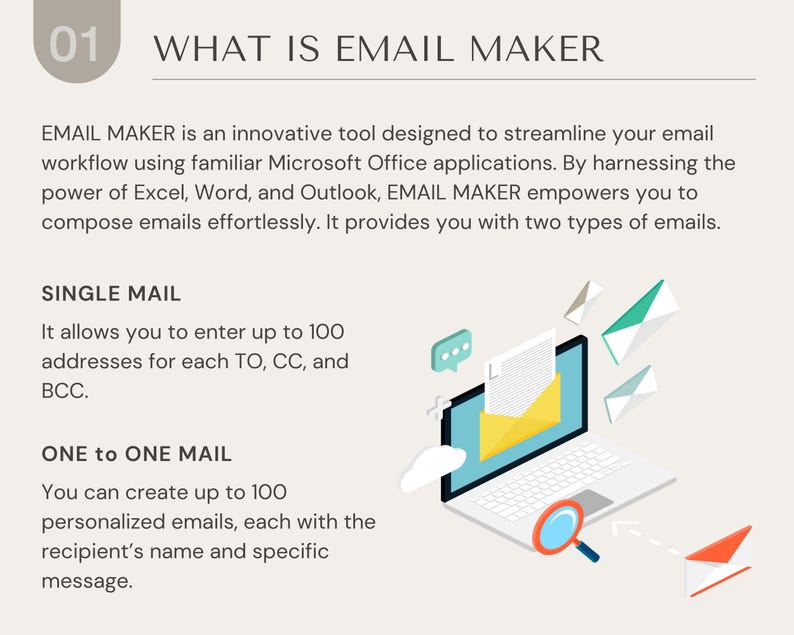 May include: A laptop computer with a yellow envelope and a magnifying glass. The text "WHAT IS EMAIL MAKER" is at the top of the image. The text "SINGLE MAIL" and "ONE to ONE MAIL" are below the image. The text describes how to send emails using the software.