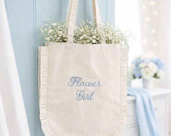 Embroidered Flower Girl Canvas Tote Bag | Ruffle Trim, Keepsake Gift