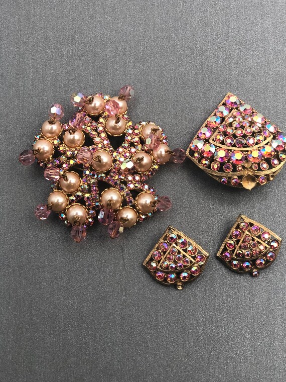 Vintage Pink Brooch, Pin and Earrings - image 1