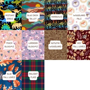 May include: A collection of ten fabric swatches featuring various patterns labeled Historic Dinos, Blue Creek Valley, Rainbows, Woodland Pals, Peach Blooms, Lavender Blooms, Autumn Woodland, Red Fall Leaves, Blue Fall Leaves, and Holiday Plaid.