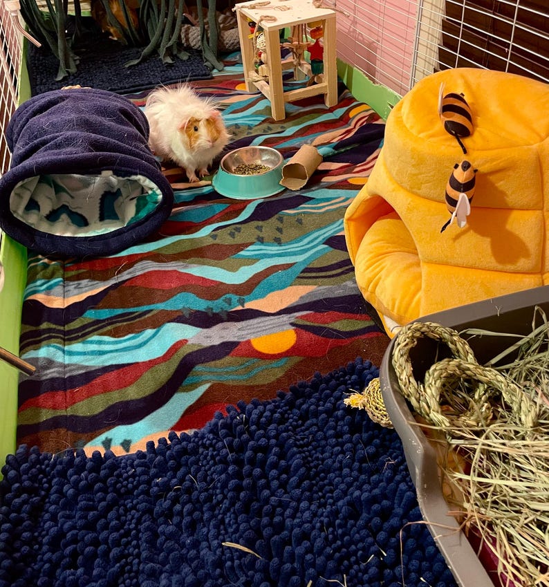 May include: A guinea pig enclosure featuring a colorful landscape-patterned fleece liner, a dark blue fabric tunnel, a yellow beehive-shaped plush hideout with two bee toys, a small wooden stool, a metal food bowl, and a dark blue textured mat.