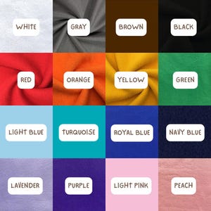 May include: A color chart featuring sixteen fabric swatches in white, gray, brown, black, red, orange, yellow, green, light blue, turquoise, royal blue, navy blue, lavender, purple, light pink, and peach, each labeled with its corresponding color name.