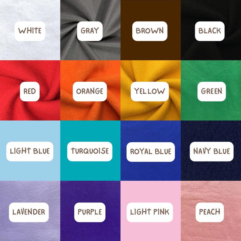May include: A color chart featuring sixteen fabric swatches in white, gray, brown, black, red, orange, yellow, green, light blue, turquoise, royal blue, navy blue, lavender, purple, light pink, and peach, each labeled with its corresponding color name.
