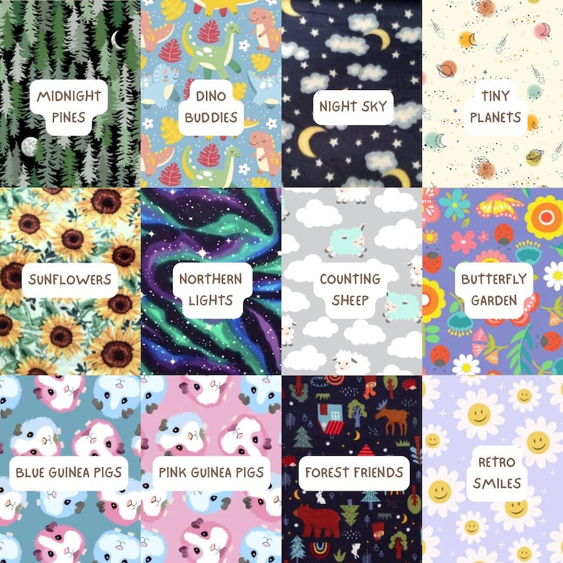 May include: A grid of twelve fabric swatches featuring various patterns: Midnight Pines, Dino Buddies, Night Sky, Tiny Planets, Sunflowers, Northern Lights, Counting Sheep, Butterfly Garden, Blue Guinea Pigs, Pink Guinea Pigs, Forest Friends, and Retro Smiles.