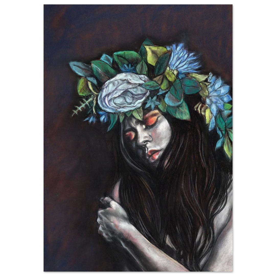 Feminine Portrait Art Print – Self Holding | Botanical Goddess Wall Art ...