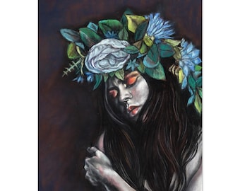 Feminine Portrait Art Print – Self Holding | Botanical Goddess Wall Art
