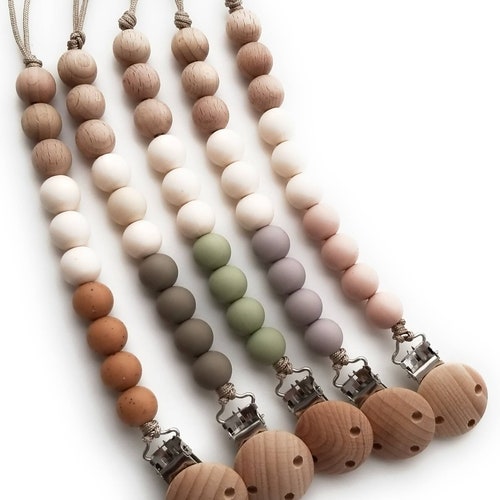 NEUTRAL PACIFIER CLIP / White Silicone Wood Pacifier Clip / Etsy