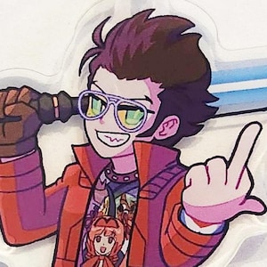 May include: A cartoon illustration of a person with dark hair, wearing glasses, an orange jacket, and a purple shirt. The person is holding a black object and giving the middle finger. The shirt has a graphic print.