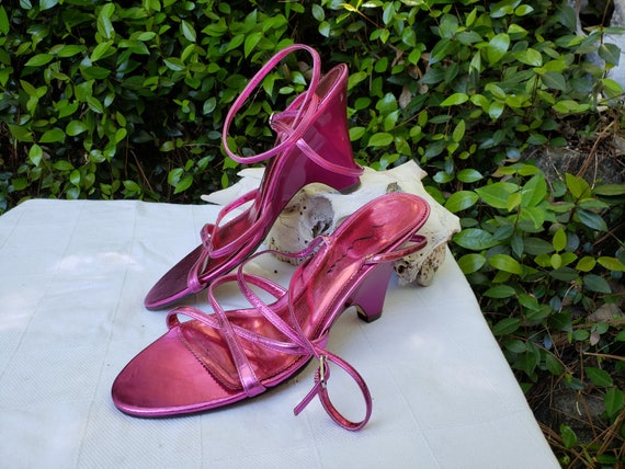 Vintage 1990s metallic hot pink Nina leather wedge - image 7