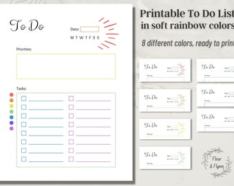 Printable Planner, Daily To Do List Printable, Printable List for Student Journal Business, Rainbow To Do List