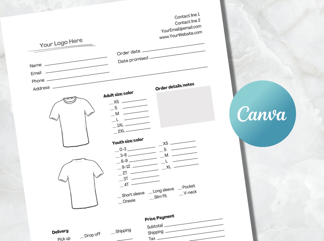 Tshirt Invoice Canva Template, Printable Order Form for Small Business ...