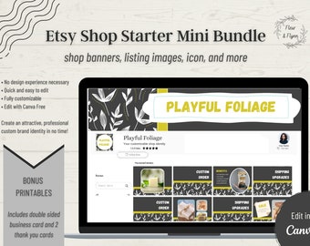 Etsy Shop Starter Mini Bundle, Canva Templates for Etsy Shop, Etsy Branding Kit, Small Business Etsy Banner, PLAYFUL FOLIAGE, Shop Design