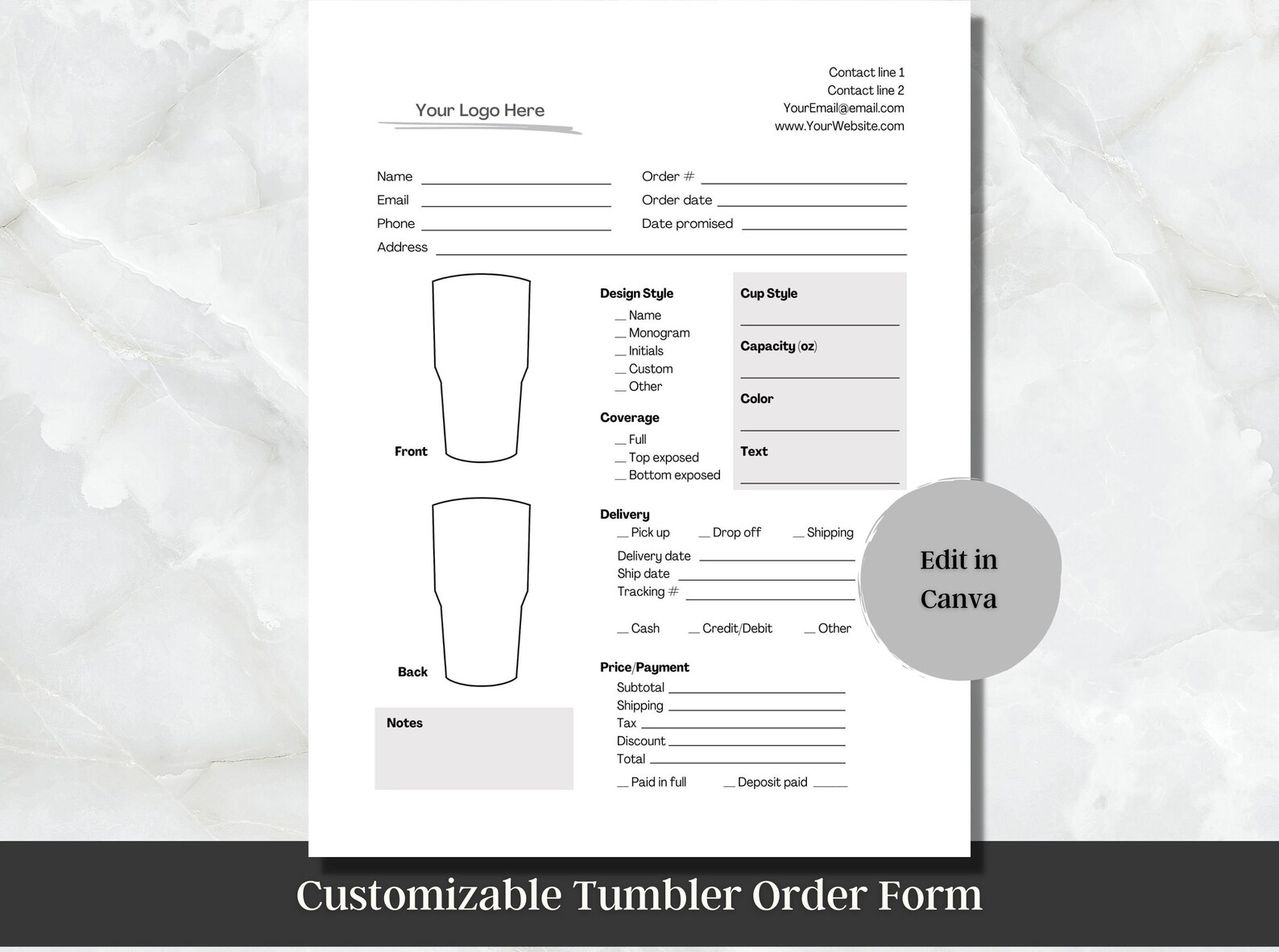Custom Tumbler Order Form Canva Template (digital Download) - Etsy