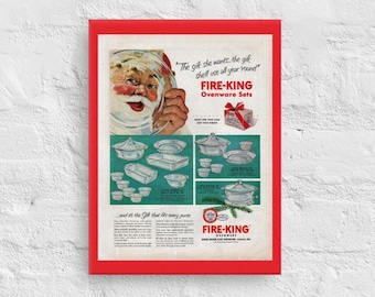Fire King Santa Ad Canvas Print, Anchor Hocking Glassware, Vintage Kitchen Collector, Christmas Holiday Decor, Ovenware Bakeware Glass Gift