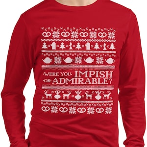 May include: Red long-sleeve shirt with a white Christmas-themed design. The design includes a repeating pattern of snowflakes, reindeer, teapots, and pretzels. The text "WERE YOU IMPISH OR ADMIRABLE?" is printed in white on the shirt.