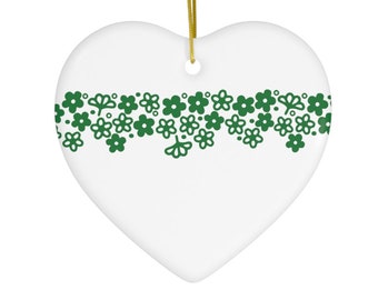 Pyrex Spring Blossom/Crazy Daisy Christmas Ornament, Green/White Ceramic Heart, Vintage Holiday Retro Decoration, Corelle Corningware