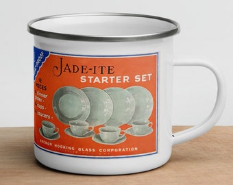 Vintage Jadeite Ad Mug, Fire King Jadite Box Label Enamel Coffee Cup, Jade-ite Starter Set Advertisement Anchor Hocking Glassware Collector