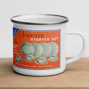 Vintage Jadeit-reklammugg, Fire King Jadite Box Etikett Emaljkaffekopp, Jade-ite Starter Set Reklam Anchor Hocking Glasvarusamlare