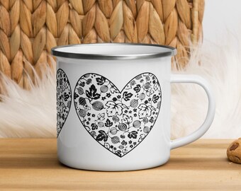 Pyrex Gooseberry Enamel Mug, Vintage Black Pattern Heart, Coffee Cup, Corelle Corning Ware Collector, Retro Kitchen, MCM Midcentury Home
