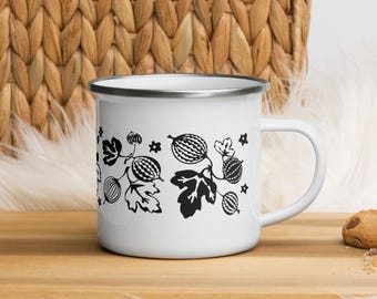 Pyrex Gooseberry Enamel Mug, Vintage Black Pattern, Coffee Cup, Corelle Corning Ware Collector, Retro Kitchen, MCM Midcentury Home