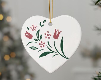 Corelle Rosemarie Christmas Ornament, Corning Ware Pink Green Ceramic Heart Holiday Tree Decoration Vintage Pattern Retro Reproduction Pyrex