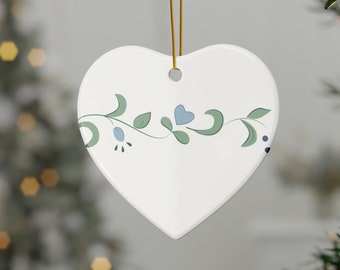 Corningware Corelle Country Cottage Christmas Ornament, Blue Green Ceramic Heart, Holiday Tree Decoration, Vintage Inspired Retro Pyrex