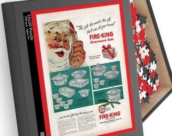 Fire King Santa Ad Jigsaw Puzzle, Anchor Hocking Glassware, Vintage Kitchen Collector, Christmas Holiday Decor, Ovenware Glass Gift 500 pc
