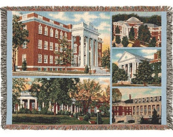 Vintage Mary Washington Postcard Blanket, Woven Throw, Virginia College/University Campus Alumni Gift, Fredericksburg Retro Travel Ephemera
