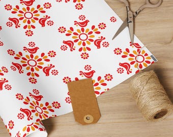 Pyrex Friendship Wrapping Paper, Christmas Gift Wrap, Red Orange Tree Bird Flower Vintage Pattern, MCM Holiday Collector, Midcentury Modern