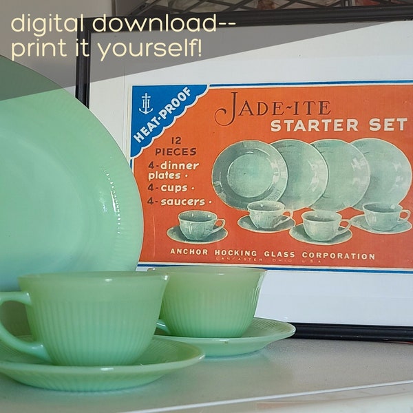 Printable Vintage Jadeite Ad, Fire King Jadite Box Label Digital Download, Jade-ite Starter Set Advertisement Anchor Hocking Glassware